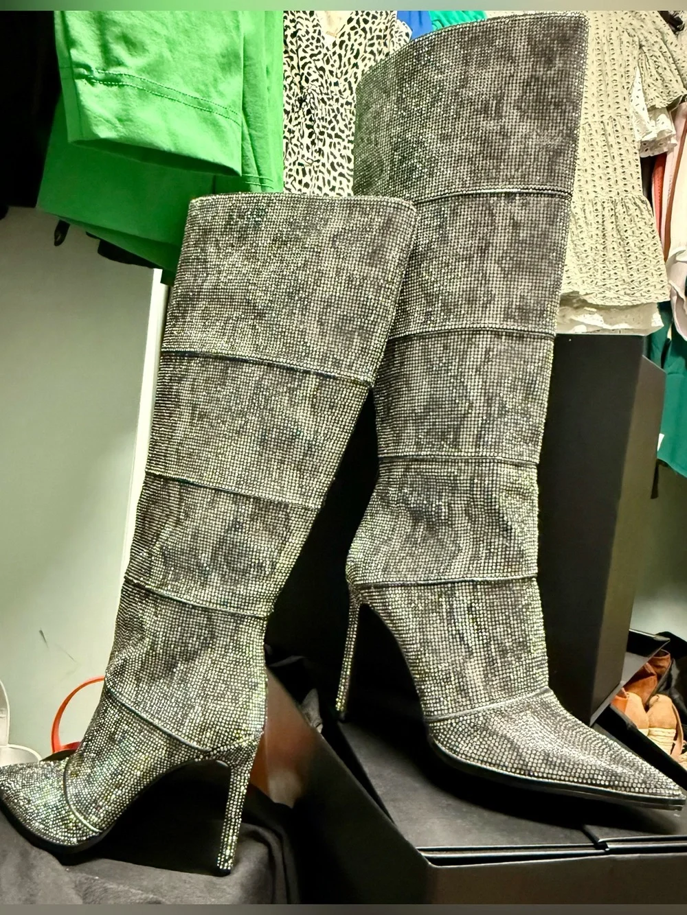 Steve Madden Silver Crystal-Embellished Stiletto Boots